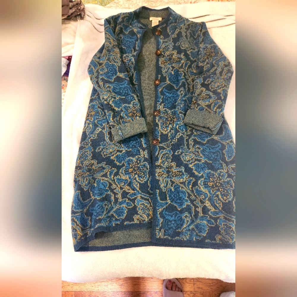 Floral Blue Long Wool Sweater Coat